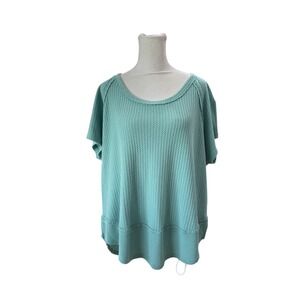 Mudd‎ Womens Large Seafoam Green Waffle Knit High Low Raw Edge Short Sleeve Top